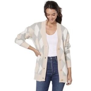 EVEREVE Argyle Cardigan Sweater Beige Grey White Long Sleeve Button Women M